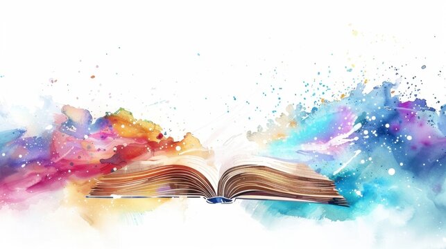Vibrant artistic open book with colorful watercolor splashes for creative inspiration and learning National Book Award Week