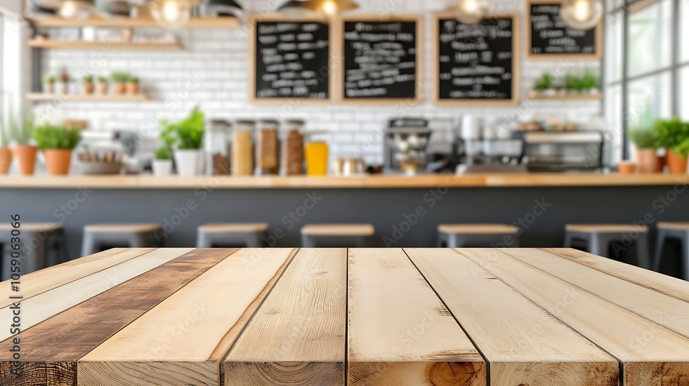 Poster wooden tabletop in cafe with blurred background minimalist white background with space for text