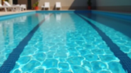 Obraz premium Blurred view of a clear swimming pool with lane markers and poolside chairs in the background