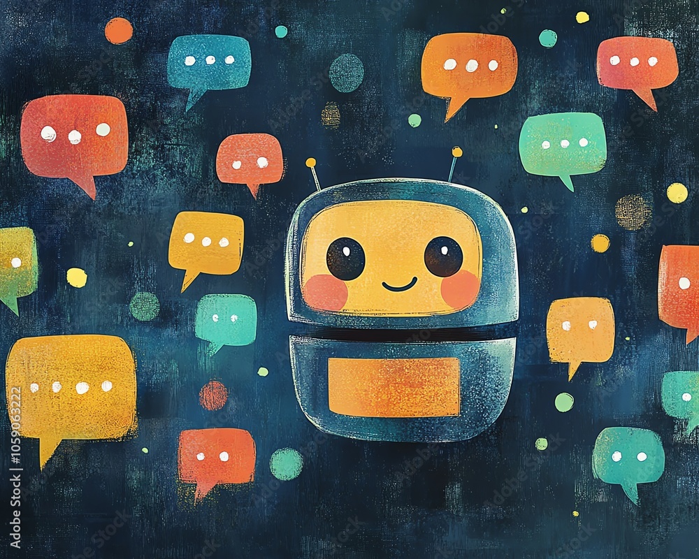 Poster Illustration of a friendly chatbot character with a smiling face, surrounded by colorful speech bubbles, showcasing engaging conversations created with generative AI