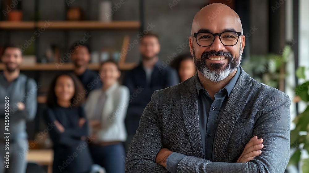 Poster confident leader smiling at the camera subtle blur background with space for custom text