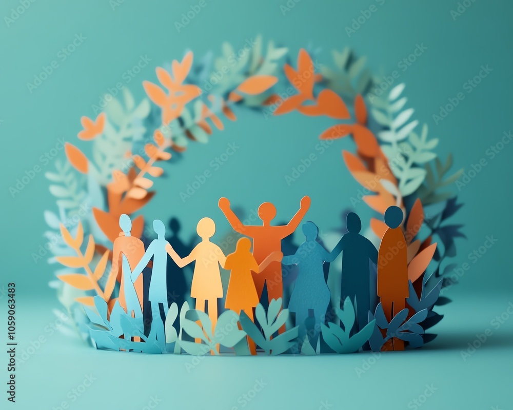 Poster illustration of a joyful group of paper people standing together in a circle, emphasizing community 