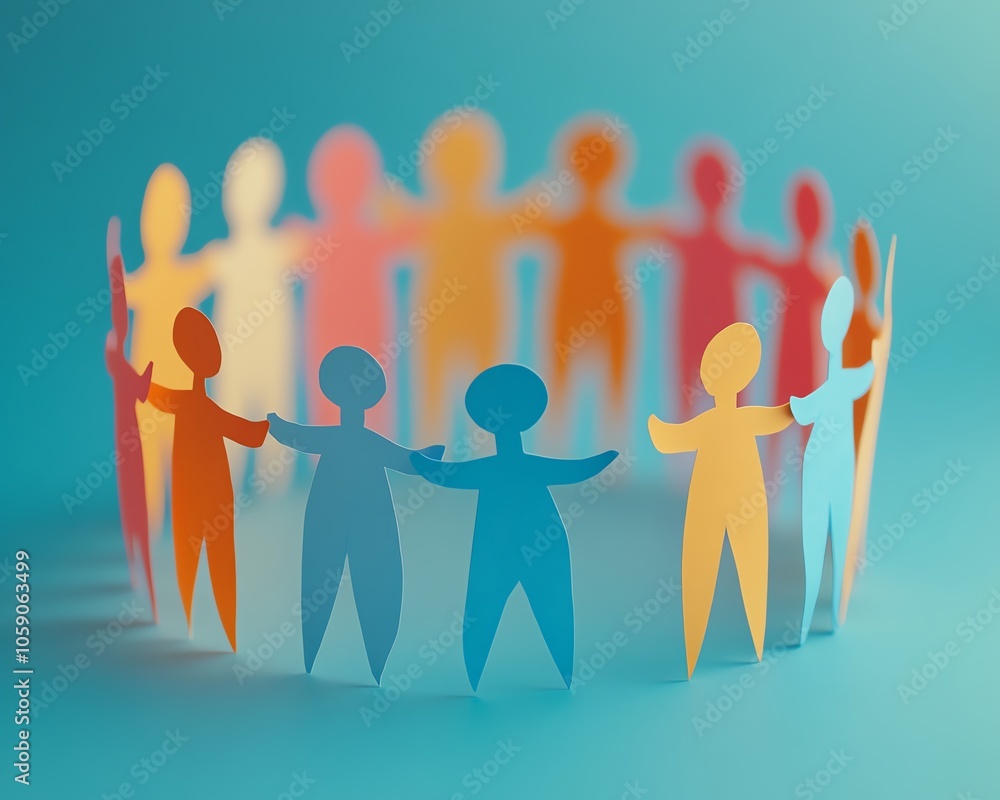Poster illustration of a joyful group of paper people standing together in a circle, emphasizing community 