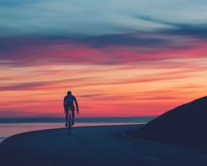 Obraz premium Silhouette of Cyclist Riding Down Winding Road at Dusk with Peaceful Sky Transition