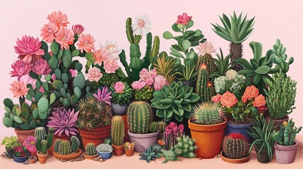 A beautiful array of cacti and succulents in various colors and shapes, set against a sandy backdrop.