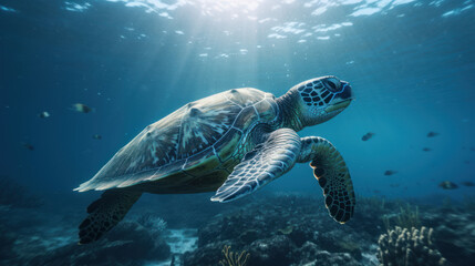 A green sea turtle swims elegantly among colorful coral formations in clear blue ocean waters, showcasing the beauty of marine life in its natural habitat.