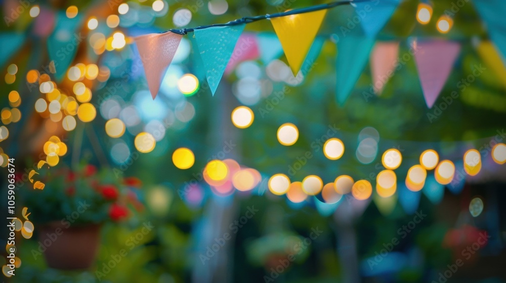 Poster hazy view of colorful banners and ling string lights in a garden gathering