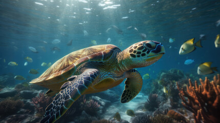 The green sea turtle glides effortlessly through clear blue waters, surrounded by a diverse array of tropical fish and coral. Sunlight filters down, illuminating the vibrant marine life.