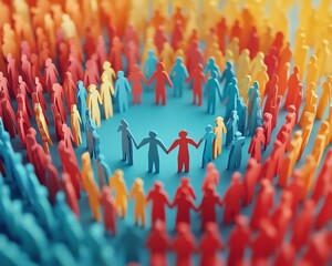 Obraz premium Illustration of colorful paper people standing together in a circle, holding hands, symbolizing community support, with ample copyspace for messaging