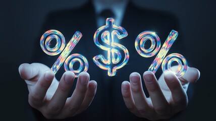 Businessman holding glowing percentage and dollar symbols, representing financial growth, investment opportunities, and economic balance.