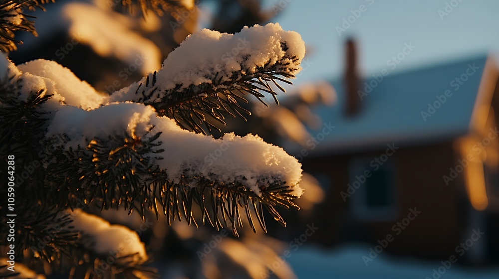 Poster snowy pine branch in winter sunset plain textured background for web design and copy