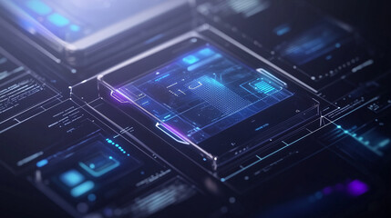 Fototapeta premium Close-up of a high-tech digital interface with multiple holographic data screens, showing detailed blue and purple schematics in a dark, cybernetic environment