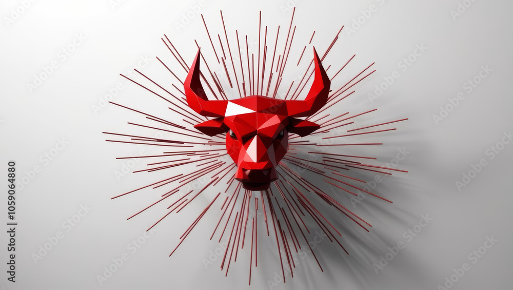 Poster low polygon red bullhead geometric pattern explodes on white background