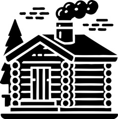 Silhouette of cozy log cabin with chimney smoke, cabin in the woods icon, rustic home illustration
