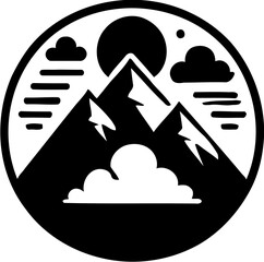 Silhouette of mountain scene with sun and clouds, nature and landscape icon, outdoor adventure illustration
