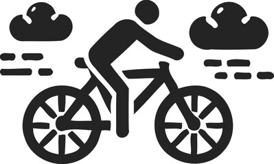 Silhouette of person riding bicycle with clouds, cycling and outdoor activity icon, biking in nature illustration
