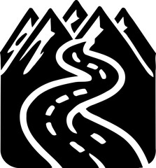 Silhouette of winding road through mountains, adventure and travel icon, scenic mountain route illustration
