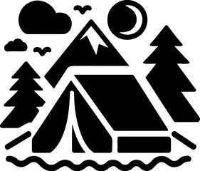 Silhouette of camping tent with mountain and trees, outdoor adventure and nature icon, night camping illustration
