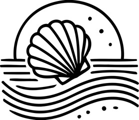 Silhouette of seashell with ocean waves and sun, beach and sea life icon, coastal illustration
