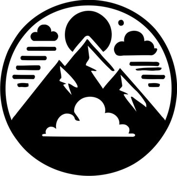 Silhouette of mountain scene with sun and clouds, nature and landscape icon, outdoor adventure illustration

