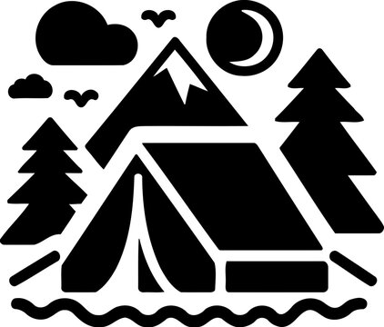 Silhouette of camping tent with mountain and trees, outdoor adventure and nature icon, night camping illustration
