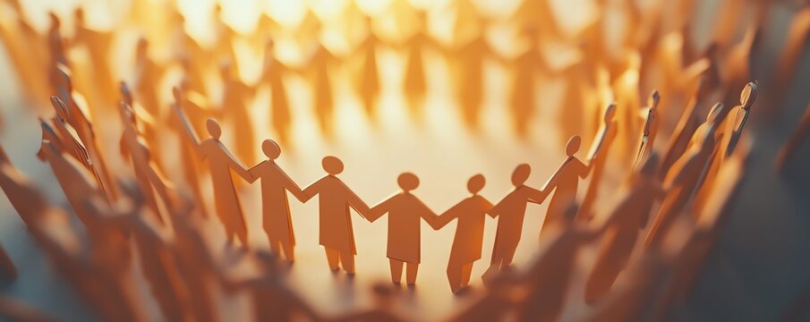 Visual of diverse paper people holding hands in a supportive circle, conveying a message of unity and community, with open areas for copy and branding elements