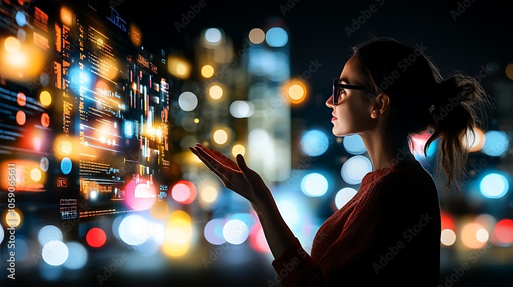 Poster woman interacting with digital interface clean blank canvas with empty space for designs