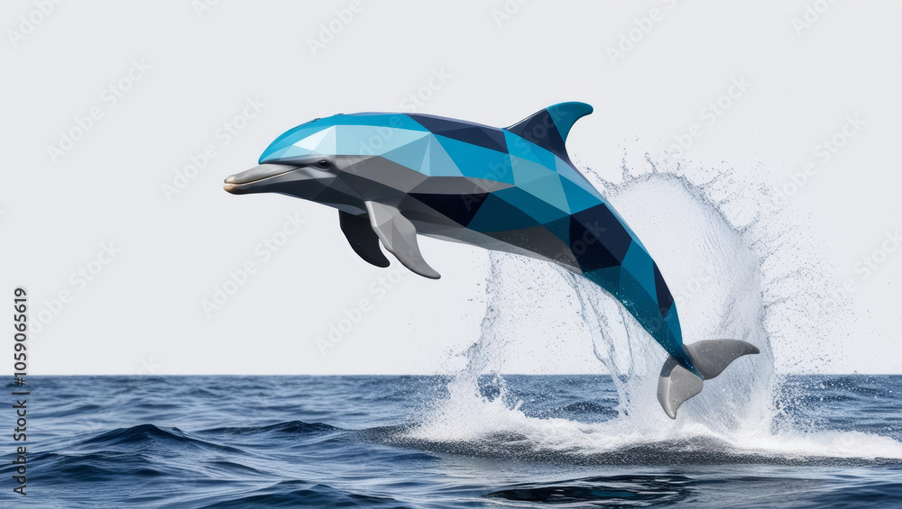 Poster polygonal dolphin leaping out of water, creating dynamic splash effect