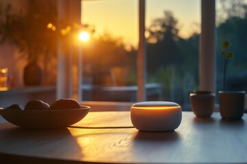 Close-Up of Alexa Device with Glowing Lights on a Table at Sunset Inside a Cozy Home