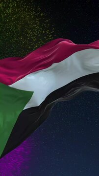 Sudan flag - Waving flag on celebrating fireworks for national holiday day. Ceremony for patriotic celebration of nation