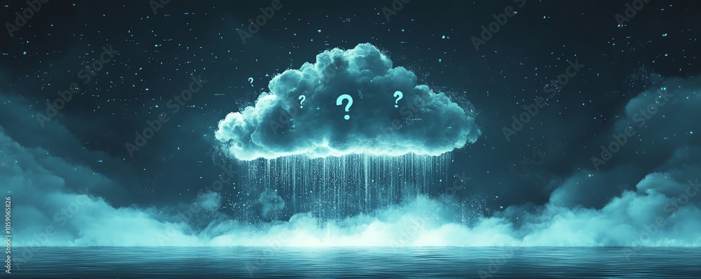 Aufkleber visual representation of a cloud filled with question marks and keywords, symbolizing the vast array