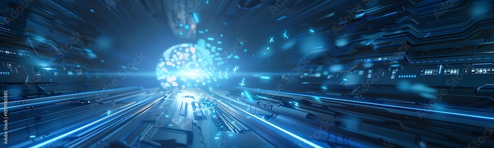 Leinwandbilder a futuristic digital landscape featuring a glowing blue brain amidst flowing data streams and interc