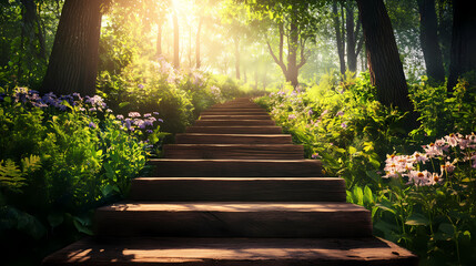 Wooden steps lead to green forest filled with trees, flowers on sunny days. Sunlit Forest. Illustration