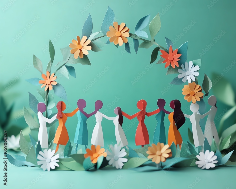 Poster visual representation of diverse paper figures forming a supportive circle, holding hands, conveying