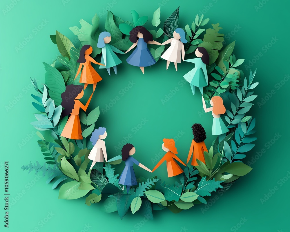 Poster visual representation of diverse paper figures forming a supportive circle, holding hands, conveying