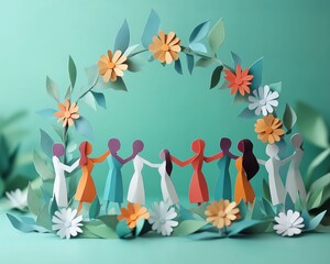 Visual representation of diverse paper figures forming a supportive circle, holding hands, conveying the essence of community and togetherness, with space for text