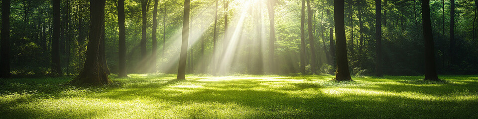 A panoramic view of an enchanted forest glade bathed in sunlight
