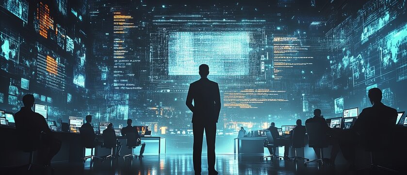 Artistic depiction of a CEO using a digital dashboard to assign tasks to a team, emphasizing the role of technology in efficient delegation and project management