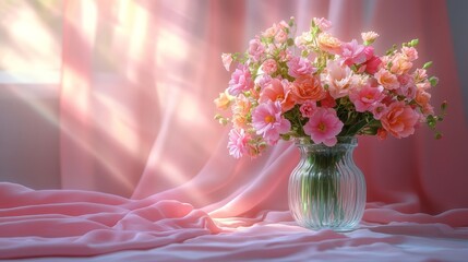 Close-up of a delicate flower bouquet in a vintage glass vase, set on a soft pastel tablecloth in a bright sunlit room, Photorealistic