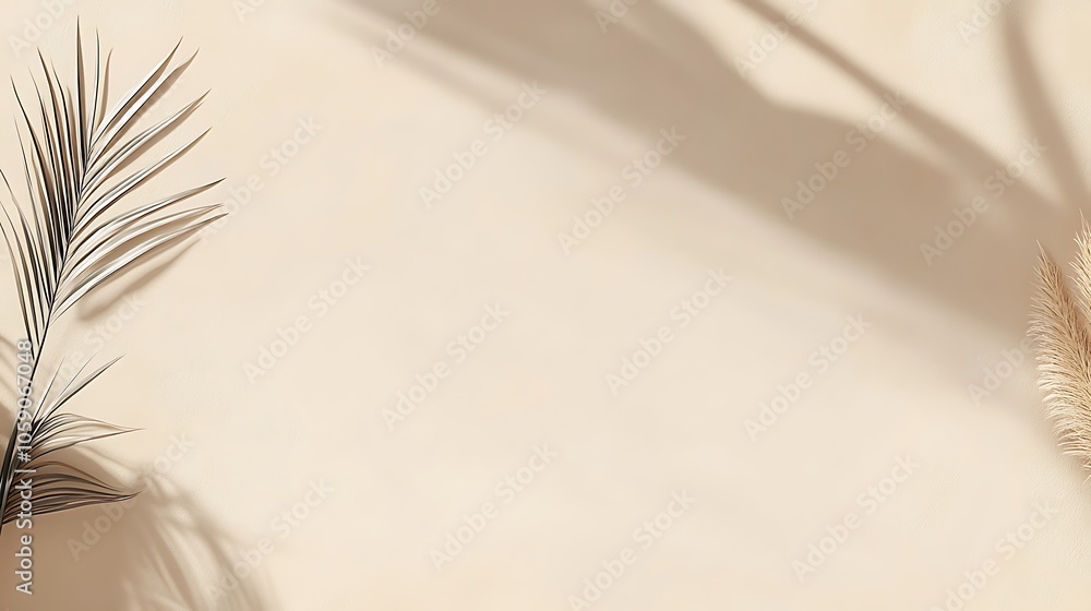 Poster minimalist beige background with palm leaf and shadow smooth blue background with copy space for adv