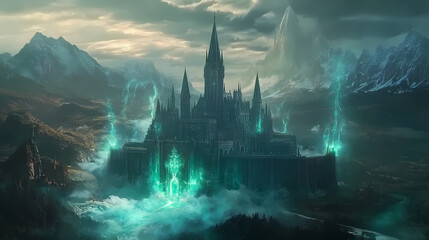 Towering spires of a magical academy, surrounded by swirling magical energies, distant mountains, magical school, fantasy scenery. Magic Academy Tower. Illustration