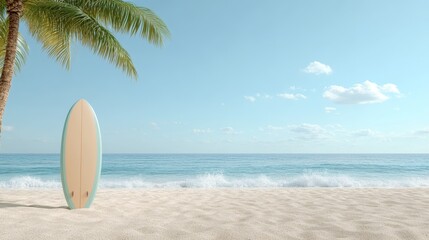 Wide shot of a sunny beach scene featuring a colorful surfboard propped against a palm tree with gentle waves lapping at the shore, Photorealistic