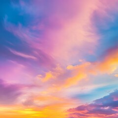 Obraz premium A vibrant and colorful sunset sky with clouds in shades of blue, pink, orange and yellow.