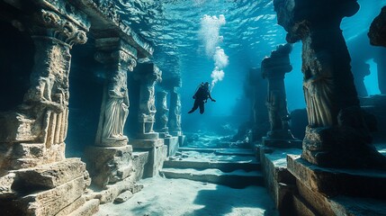 A scuba diver explores an ancient underwater temple, sunlight filtering through the water.