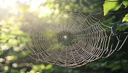 A close-up view of a spider web glistening with dew in a sunlit forest, showcasing nature's intricate design.