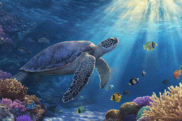 Obraz premium A serene underwater world showcases a sea turtle gliding gracefully through the water, surrounded by diverse coral reefs and various colorful fish, illuminated by sunlight.