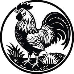 Vector illustration. Black silhouette of a rooster standing on one leg. Isolated on a white background. Set of eight breeds of domestic chicken Flat vector illustration Poultry farming Chicken rooster