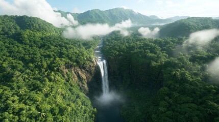 Fototapeta premium Wide shot of a breathtaking waterfall cascading down rocky cliffs, surrounded by lush greenery and mist, Photorealistic