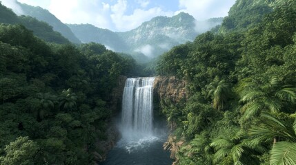 Wide shot of a breathtaking waterfall cascading down rocky cliffs, surrounded by lush greenery and mist, Photorealistic