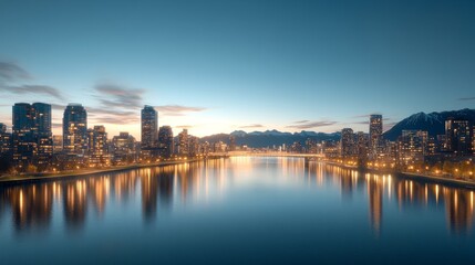 Wide shot of a stunning skyline during the blue hour, with city lights beginning to glow against the twilight sky, Photorealistic